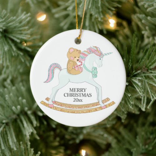 Pastel  Christmas Unicorn Rocking Horse on White Ceramic Ornament