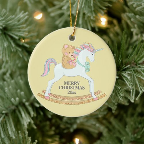Pastel  Christmas Unicorn Rocking Horse on Yellow Ceramic Ornament