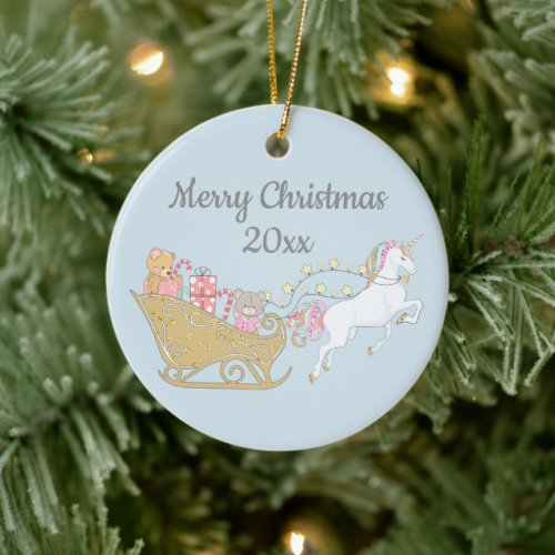 Pastel Christmas Unicorn Santa's Sleigh Baby Blue Ceramic Ornament