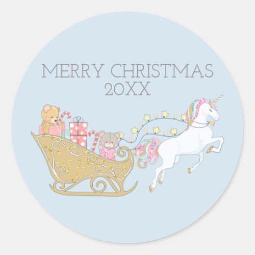 Pastel Christmas Unicorn Santas Sleigh Baby Blue Classic Round Sticker