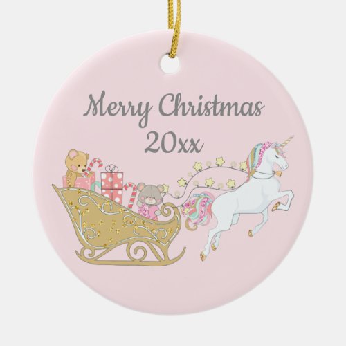 Pastel Christmas Unicorn Santas Sleigh Pink Ceramic Ornament