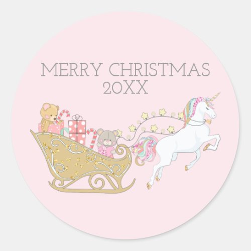 Pastel Christmas Unicorn Santas Sleigh Pink Classic Round Sticker