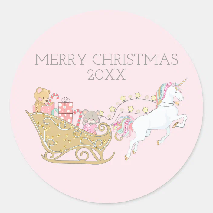 Download Pastel Christmas Unicorn Santa S Sleigh Pink Classic Round Sticker Zazzle Com