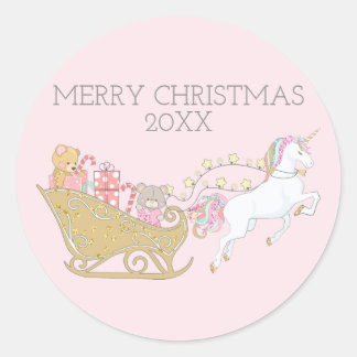 Pastel Christmas Unicorn Santa's Sleigh Pink Classic Round Sticker