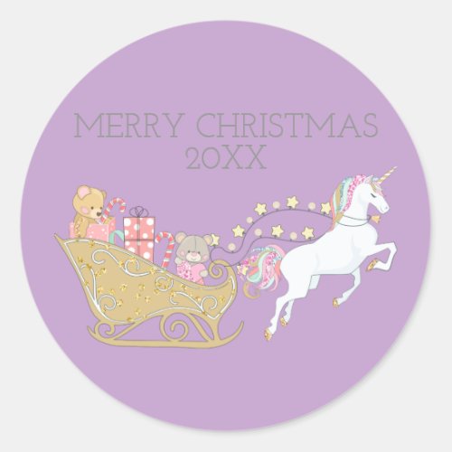 Pastel Christmas Unicorn Santas Sleigh Purple Classic Round Sticker