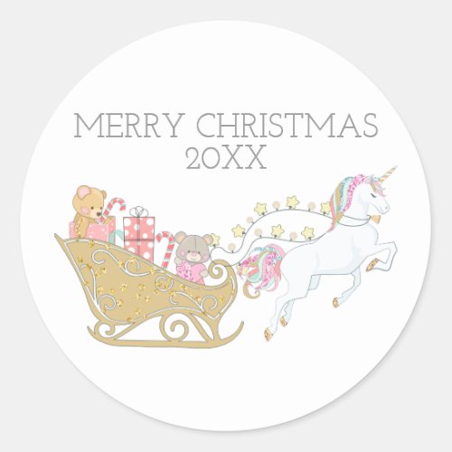 Pastel Christmas Unicorn Santas Sleigh White Classic Round Sticker