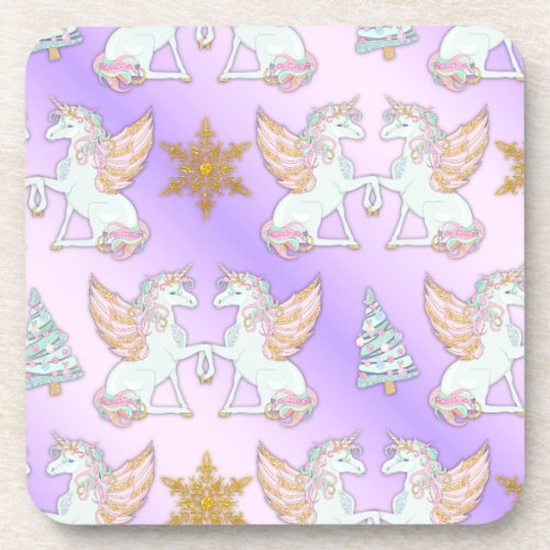 Pastel Christmas Unicorns Beverage Coaster