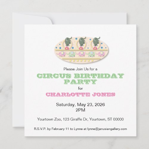 Pastel Circus Elephants Birthday Party Invitation
