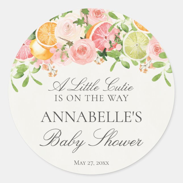 Pastel Citrus Floral Cutie Baby Shower Favor Classic Round Sticker (Front)