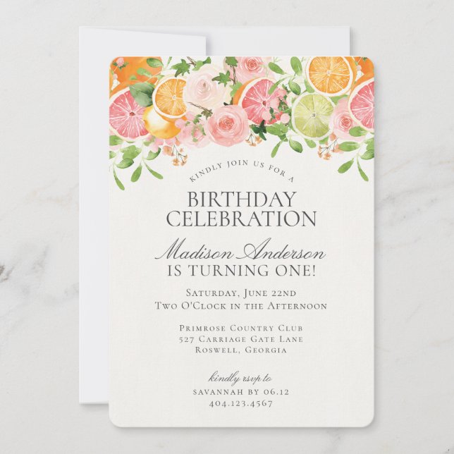 Pastel Citrus Floral Little Cutie Birthday Party Invitation (Front)
