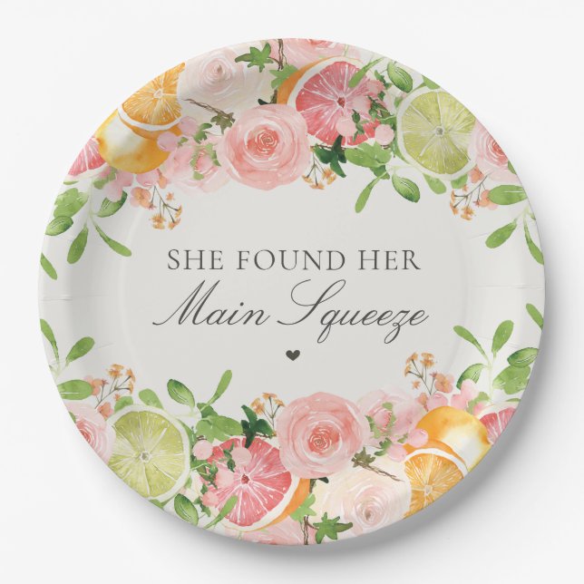 Pastel Citrus Floral Main Squeeze Bridal Shower Paper Plates (Front)