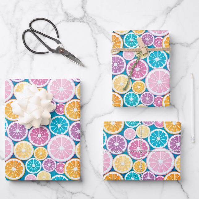 Pastel Citrus Fruit Pattern Wrapping Paper Sheets (Front)