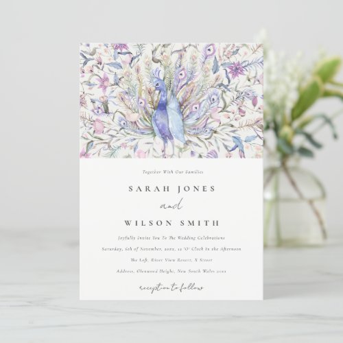 Pastel Classy Ornate Watercolor Peacock Wedding Invitation