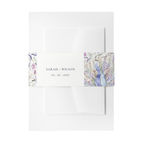 Pastel Classy Ornate Watercolor Peacock Wedding Invitation Belly Band