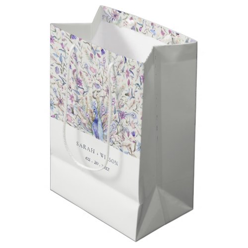 Pastel Classy Ornate Watercolor Peacock Wedding Medium Gift Bag