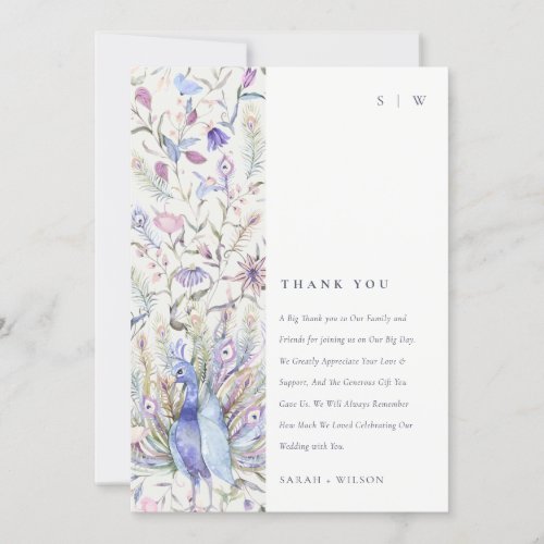 Pastel Classy Ornate Watercolor Peacock Wedding Thank You Card