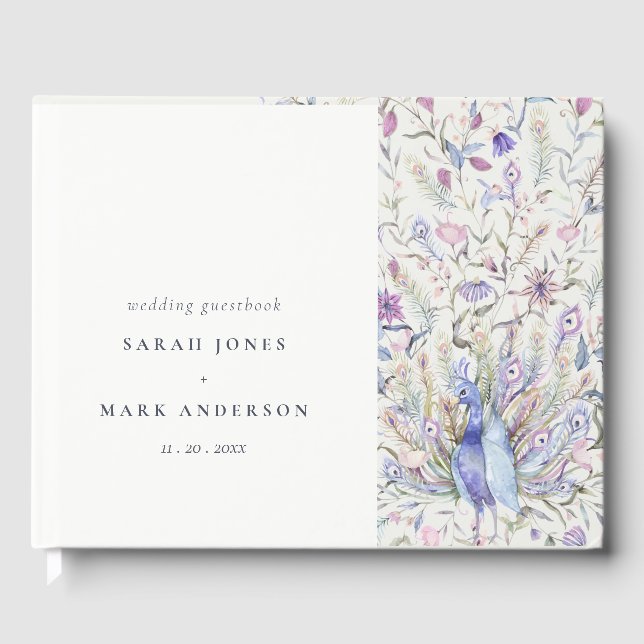 Pastel Classy Watercolor Floral Peacock Wedding Guest Book (Front)
