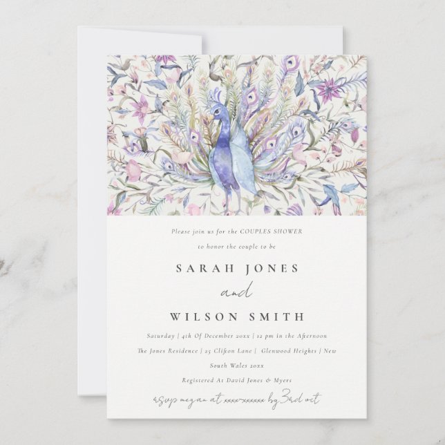 Pastel Classy Watercolor Peacock Couples Shower Invitation (Front)