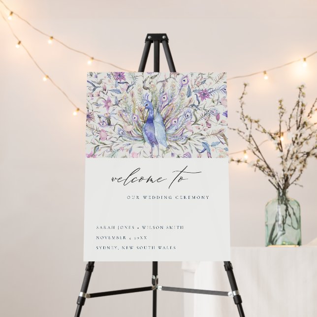 Pastel Classy Watercolor Peacock Wedding Welcome Foam Board (In Situ (Stand))