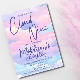 Pastel Cloud 9 Girls 9th Birthday Invitation