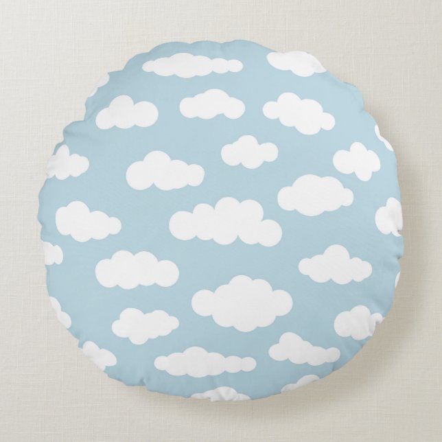 Pastel Clouds Aesthetic Baby Blue And White Round Pillow (Front)