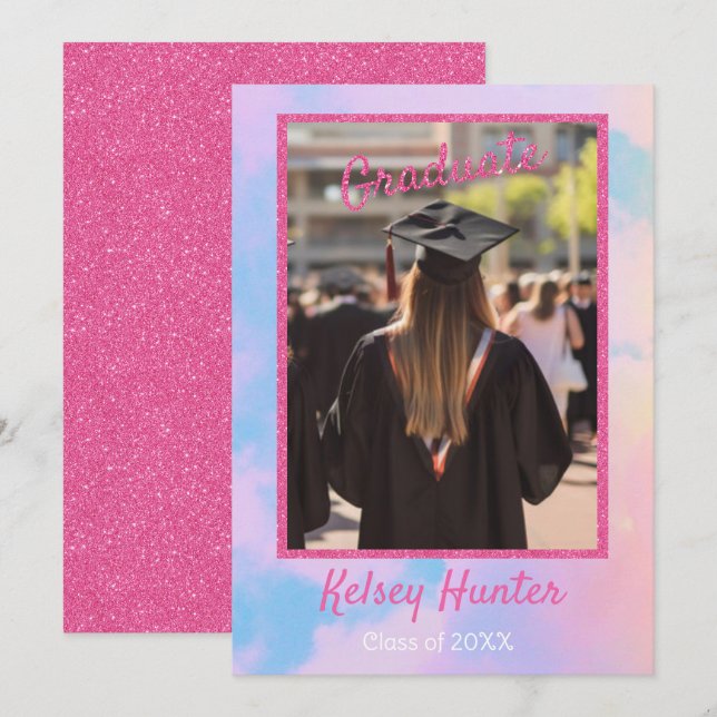 Pastel Clouds Graduation Era Lover Pink Glitter Announcement (Front/Back)