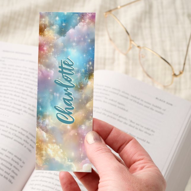 Pastel Clouds Sparkling Stars Personalized Bookmarks (Hand)