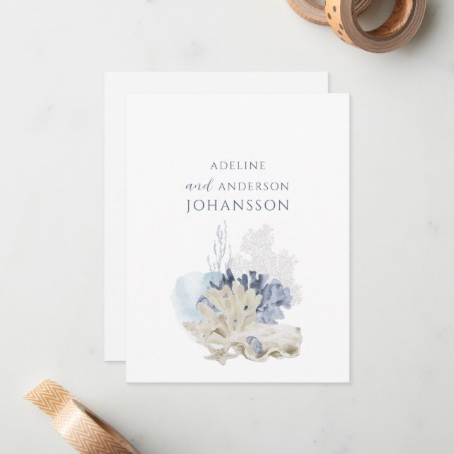 Pastel Coastal Coral Seashell Couple Names Note Card (Front/Back In Situ)