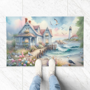 Pastel Coastal Cottage & Lighthouse Scene Doormat