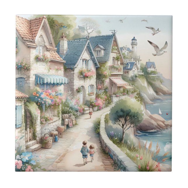 Pastel Coastal Cottage Village Escape Ceramic Tile (Front)
