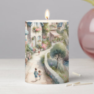 Pastel Coastal Cottage Village Escape Pillar Candle