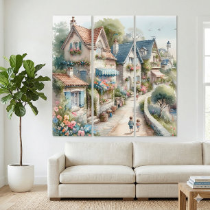 Pastel Coastal Cottage Village Escape Triptych