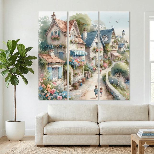 Pastel Coastal Cottage Village Escape Triptych (Pastel Coastal Cottage Village Escape Triptych In Living Room)