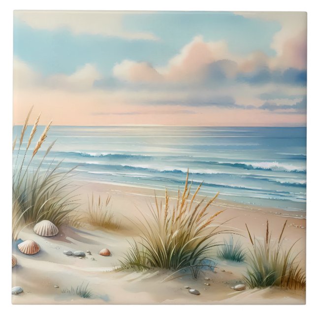 Pastel Coastal Dunes Watercolor Ceramic Tile (Front)