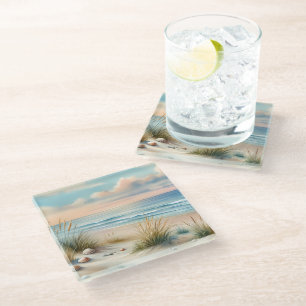 Pastel Coastal Dunes Watercolor Glass Coaster