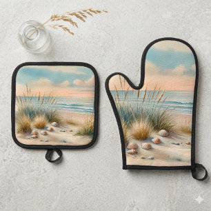 Pastel Coastal Dunes Watercolor Oven Mitt & Pot Holder Set