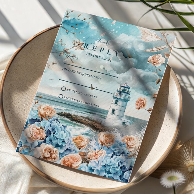 Pastel Coastal Lighthouse Ocean Wedding RSVP Card (Creator Uploaded)