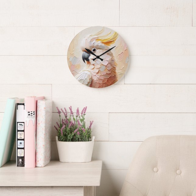 Pastel Cockatoo Wall Clock – Soft Impasto Bird Art (Reading Room)