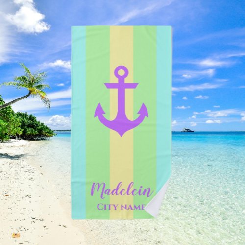Pastel Color Anchor Nautical Stripes Custom Name Beach Towel