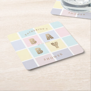pastel color block gold baby shower square paper coaster