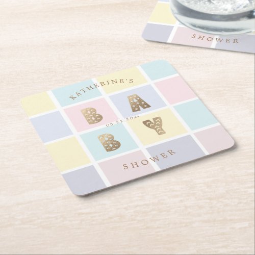 pastel color block gold baby shower  square paper coaster