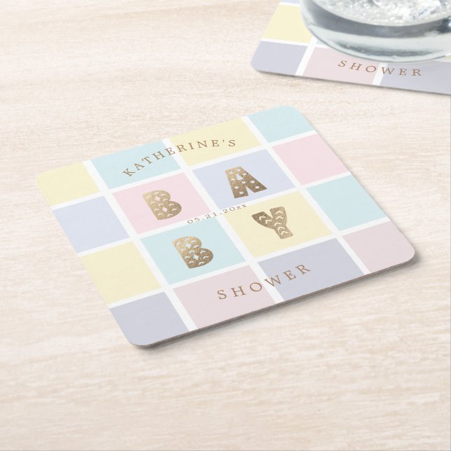 pastel color block gold baby shower  square paper coaster (Angled)