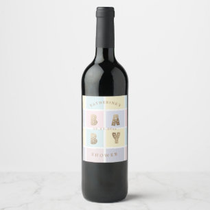 pastel color block gold baby shower wine label