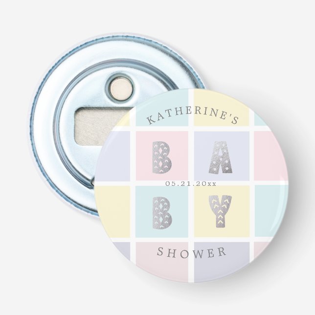 pastel color block silver baby shower bottle opener (Front)