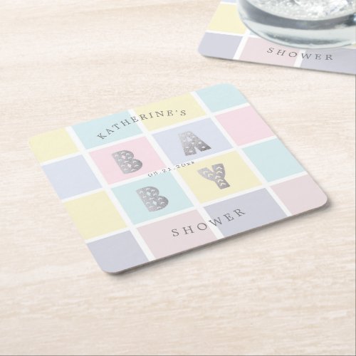 pastel color block silver baby shower  square paper coaster