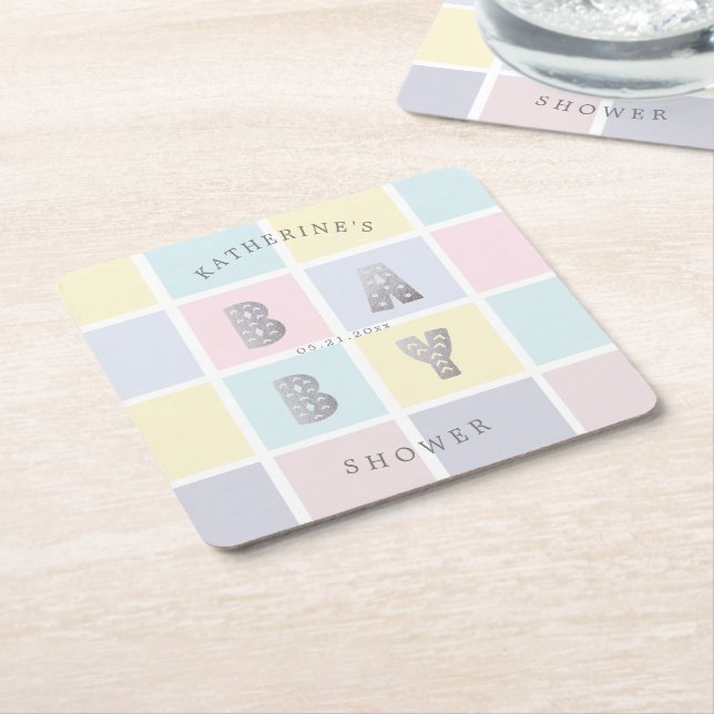 pastel color block silver baby shower  square paper coaster (Angled)
