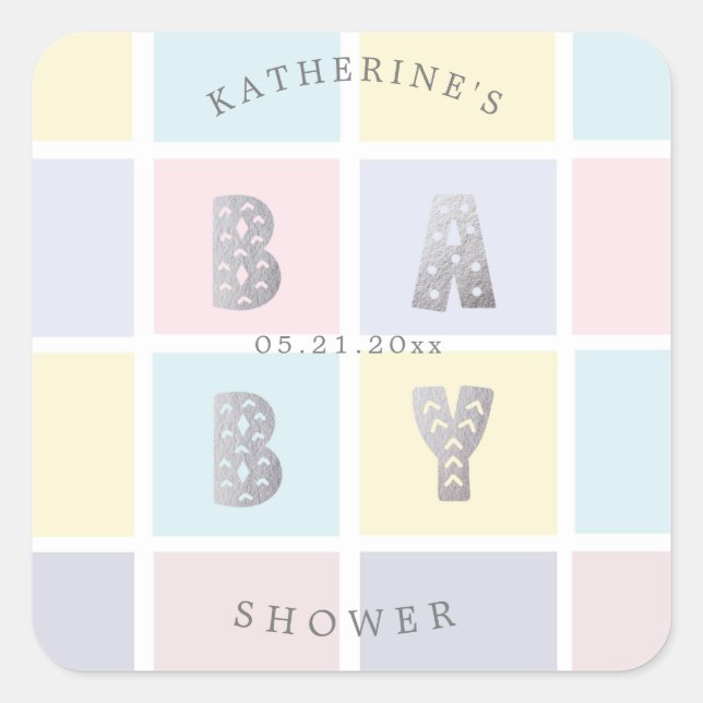 pastel color block silver baby shower square sticker (Front)