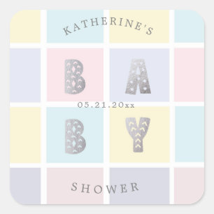pastel color block silver baby shower square sticker