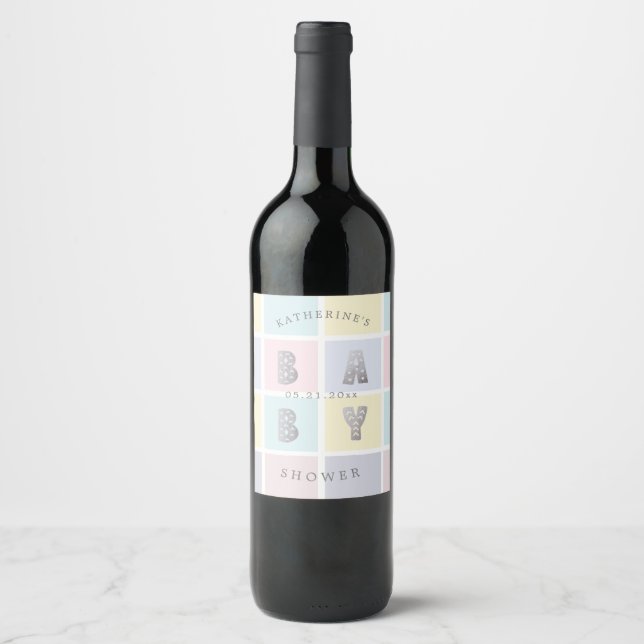 pastel color block silver baby shower  wine label (Front)