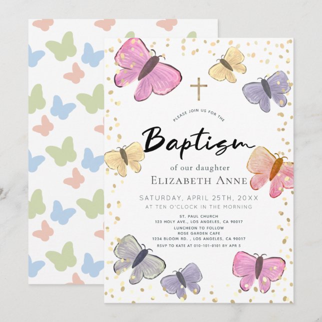 Pastel Color Butterfly Girl Baptism Invitation (Front/Back)